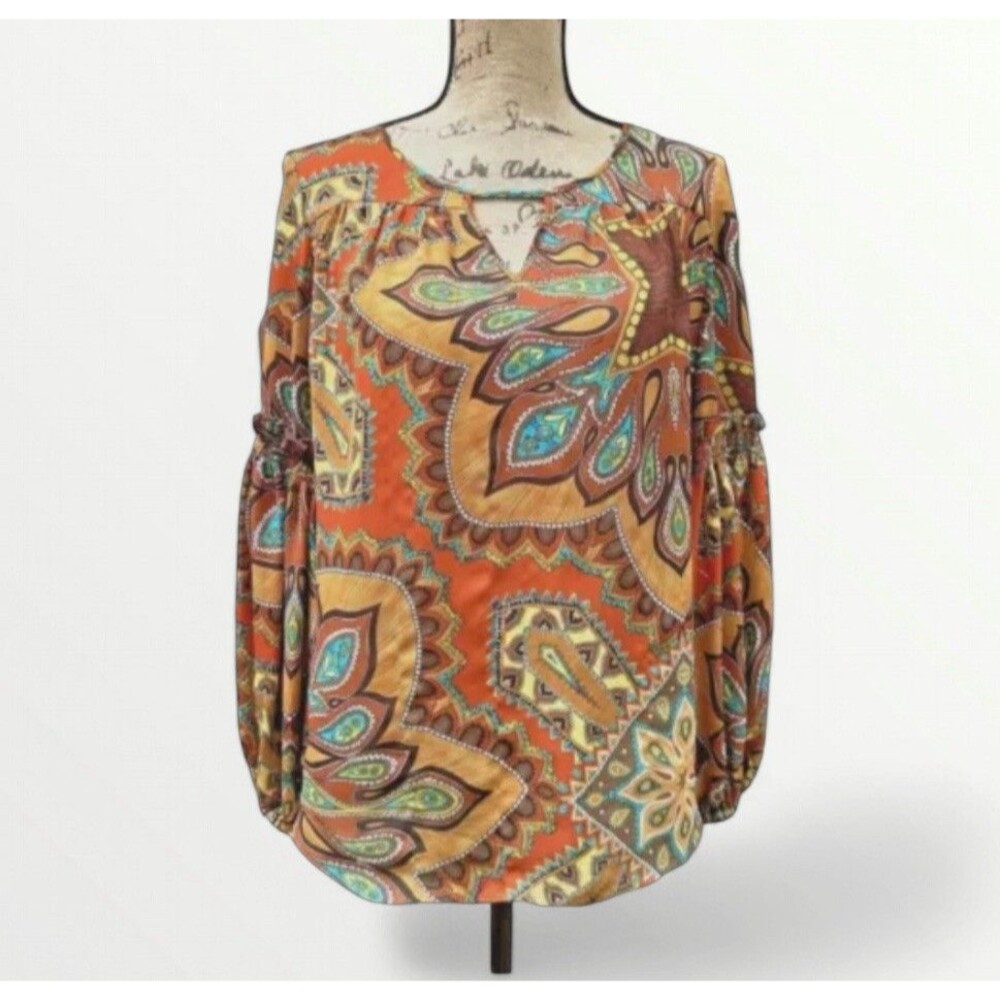 Chicos Tribal Peasant Top Womens Sz 0 XS Bishop Sleeves Medallion Print Keyhole